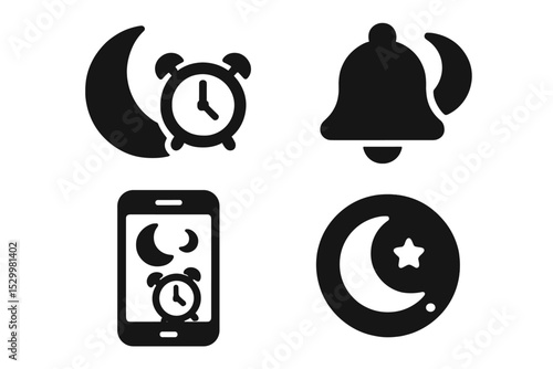 Bedtime Reminder Icons. Solid style icons of bedtime reminder: moon with alarm icon, bedtime bell icon, phone with sleep clock,