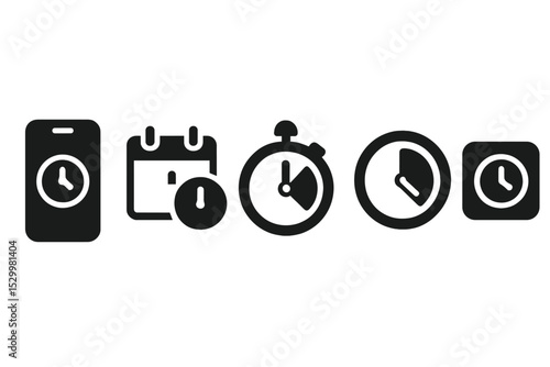 Icons of Productivity. Solid style icons of productivity timer: mobile timer icon, scheduled session badge, ringed time tracker,