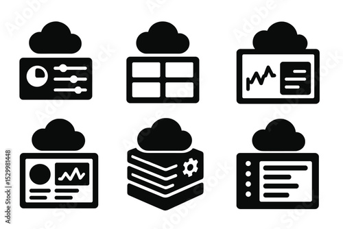 Cloud Dashboard Icons. Solid style icons of cloud dashboard UI: control panel, widgets layout, dashboard screen, interface layers.