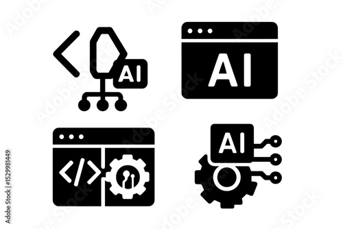 AI Development Icons. Solid style icons of AI development: code AI, dev panel, smart IDE, AI logic. Solid style of code branch,