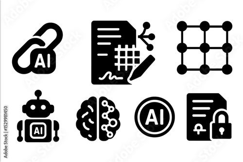 Blockchain AI Icons. Solid style icons of blockchain with AI: AI chain, smart ledger, AI contract, node grid. Solid style of proof
