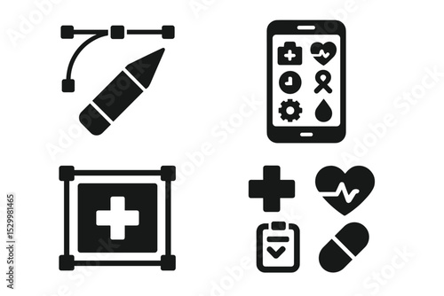 Medical Icon Collection. Solid style icons of medical design: design tool, app layout, branding frame, health icon set. Solid