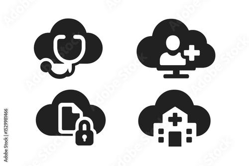 Cloud Healthcare Icons. Solid style icons of cloud healthcare: cloud stethoscope, remote treatment, secure cloud file, cloud