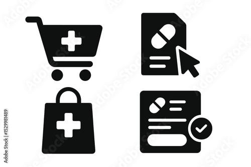 Health Shopping Icons. Solid style icons of health shopping: health cart, order meds, purchase tool, delivery box. Solid style of