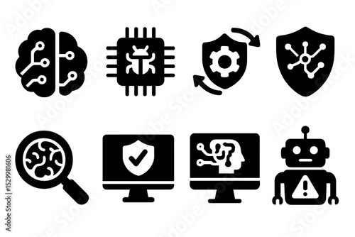 AI Cybersecurity Icons. Solid style icons of AI in cybersecurity: AI brain, threat detection chip, auto-response, neural defense.