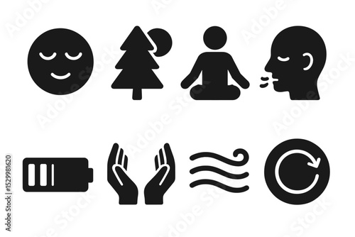 Stress Relief Icons. Solid style icons of stress relief: calm face, nature icon, relaxation pose, breathing guide. Solid style of