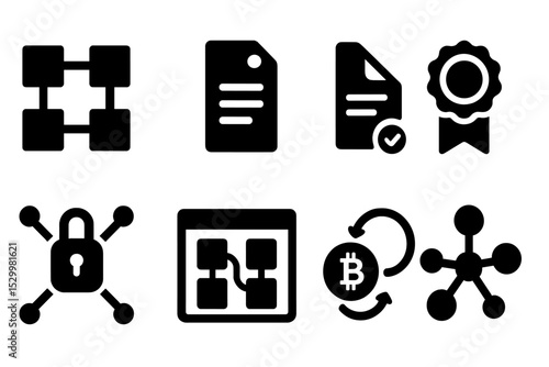 Blockchain Icons Set. Solid style icons of blockchain applications: block chain icon, ledger tag, smart contract, digital seal.