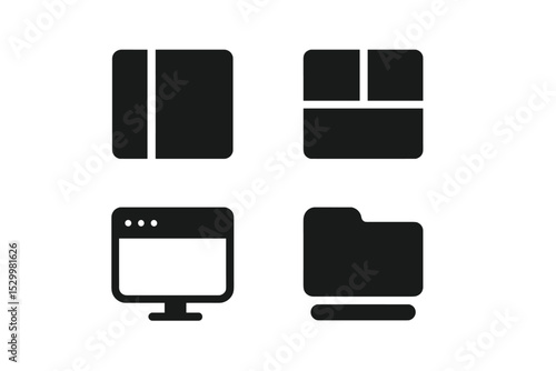 Interface Tools Icons. Solid style icons of interface tools: sidebar icon, layout blocks, screen preview, tab switcher. Solid