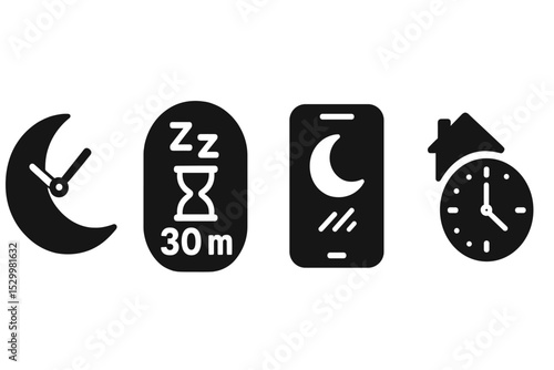 Sleep Timer Icons. Solid style icons of sleep timer: crescent moon with clock hands, sleep session countdown badge, phone with