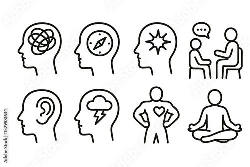 Mental Health Icons. Line style icons of mental health: expressive drawing icon, internal compass, motivation spark, talk therapy