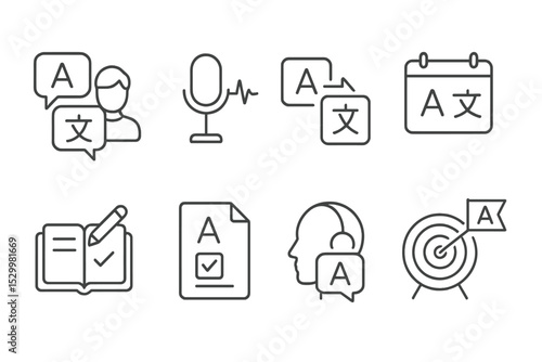 Language Course Icons. Line style icons of language courses: multilingual support, voice recording, translation tool, language