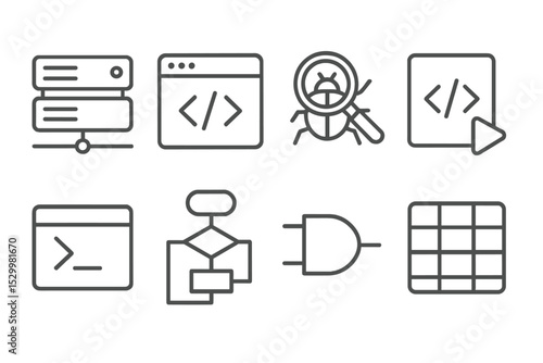 Programming Line Icons. Line style icons of programming: backend server icon, frontend interface, debugging tool, script execution