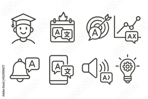 Language Learning Icons. Line style icons of language courses: beginner level icon, language learning streak, learning target,