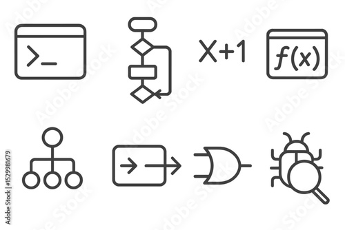 Programming Icons Line Art. Line style icons of programming: shell script icon, logical flow, expression evaluator, custom