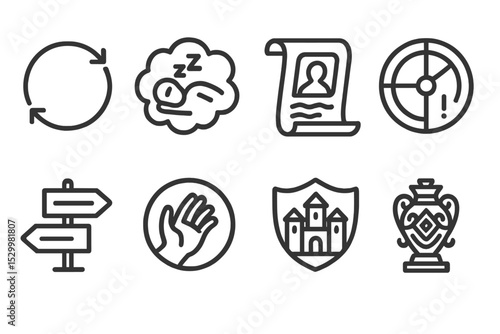 Quest Icons Collection. Line style icons of quests: recurring mission icon, dream quest icon, memory flashback icon, moral choice