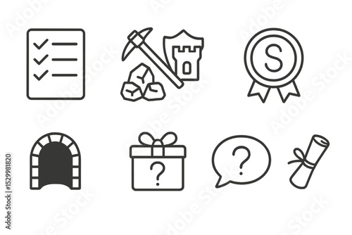 Quest Icons Collection. Line style icons of quests: task list icon, gather resource quest, protect area quest, quest rank badge,