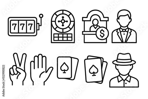 Casino Line Icons. Line style icons of casino: slot jackpot icon, roulette chip placement, casino cashier window, casino host icon
