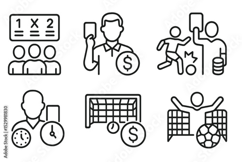 Sports Betting Icons. Line style icons of betting: crowd odds prediction, referee decision bet, foul bet symbol, yellow card bet,