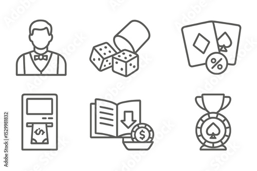 Casino Line Icons. Line style icons of casino: croupier figure, dice cup icon, wheel of fortune, double or nothing icon, cash-out