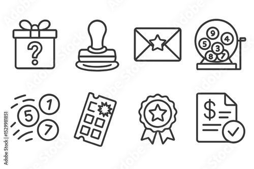 Lottery Line Icons. Line style icons of lottery: mystery prize icon, confirmation stamp, prize envelope, live draw studio icon,