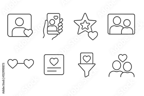 Dating Icons Collection. Line style icons of dating: profile setup icon, selfie photo icon, romantic compatibility star, couples’