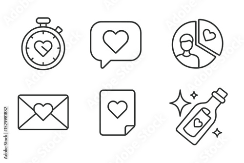 Dating Icons Set. Line style icons of dating: first date timer, romantic text bubble, profile favorite star, pair compatibility