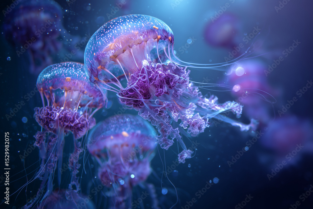 Obraz premium Glowing jellyfish in deep blue ocean