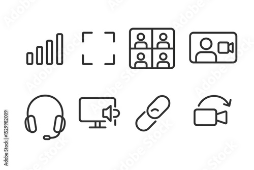 Video Conferencing Icons. Line style icons of video conferencing: connection quality bars, fullscreen icon, breakout room, video