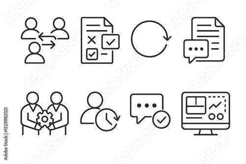 Collaboration Line Icons. Line style icons of collaboration: team project switcher, action items sync, update circle icon,