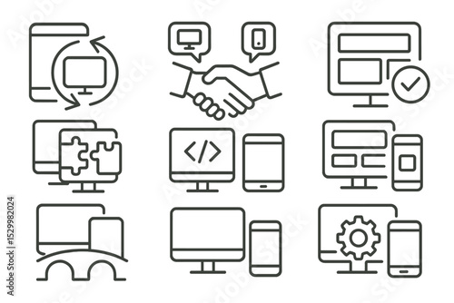 Cross-Platform Compatibility Icons. Line style icons of cross-platform compatibility: synchronized interface, platform handshake