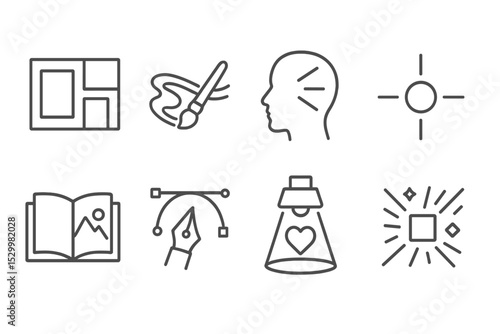 Creativity Icon Set. Line style icons of creativity: moodboard lines, layered brush path, mind beam, origin icon, story sketch,