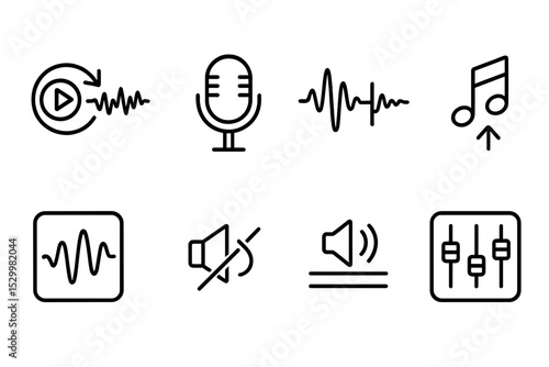 Video Editing Icons. Line style icons of video editing: audio sync tool, voiceover mic, waveform adjuster, pitch shift, reverb