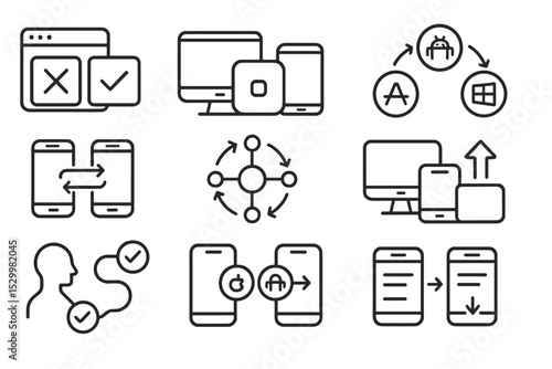 Cross-Platform Compatibility Icons. Line style icons of cross-platform compatibility: version parity icon, screen simulation