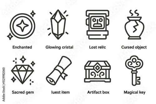 Quest Icons Collection. Line style icons of quest games: enchanted artifact, glowing crystal, lost relic, cursed object, sacred
