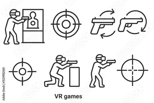 VR Game Icons. Line style icons of VR games: shooting gallery, target board, weapon change, reload motion, aim assist, cover spot,