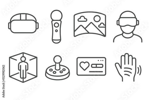 VR Game Elements Icons. Line style icons of VR games: VR headset, motion controller, immersive environment, player avatar,