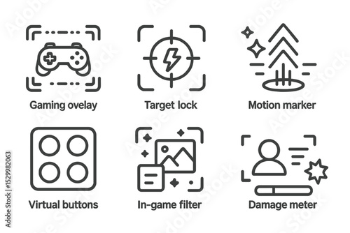 AR Effect Icons. Line style icons of AR effects: gaming overlay, target lock, power-up animation, motion marker, virtual buttons,