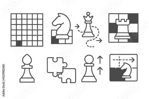 Puzzle Icons Collection. Line style icons of puzzle games: chessboard grid, logic knight, queen path, rook zone, bishop symbol,