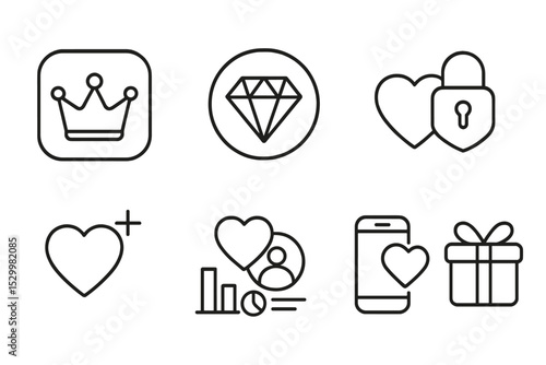 Dating App Icons. Line style icons of dating apps: premium icon, diamond badge, unlock boost, extra like, match insights, profile