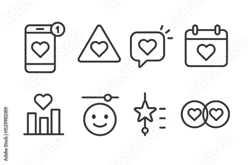 Dating App Line Icons. Line style icons of dating apps: app notification, heart alert, message ping, dating milestone, weekly