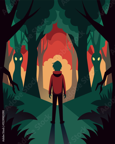 The shadows in the forest surrounded her their whispers urging her to wander deeper into the unknown.. Vector illustration