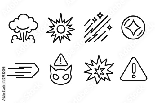 VR Game Icons. Line style icons of VR games: animated explosion, impact mark, combo strike, power-up orb, dash motion, enemy alert