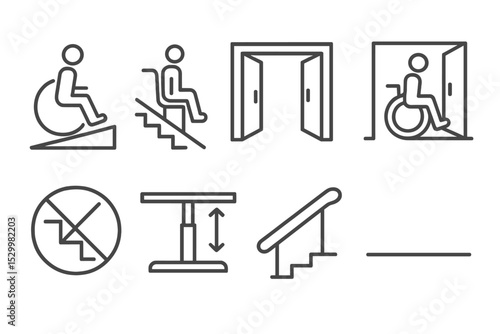 Accessibility Icons. Line style icons of accessibility: wheelchair ramp, stair lift, wide doorway, accessible entrance, no-step