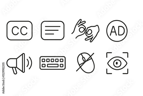 Accessibility Icons. Line style icons of accessibility: closed captions, subtitles icon, ASL interpreter, audio descriptions, text