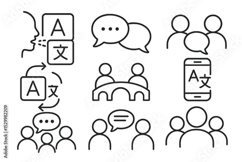 Diversity Dialogue Icons. Line style icons of inclusivity: language diversity, speech bubble set, inclusive dialogue, translation