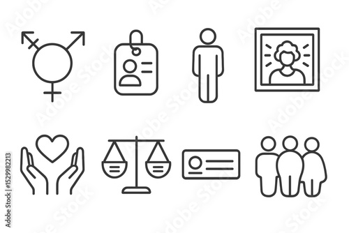 Inclusivity Icon Set. Line style icons of inclusivity: gender spectrum, pronoun badge, gender neutral figure, representation icon,
