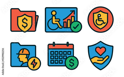 Flat vector icons of income and disability insurance: income protection folder, disability plan icon, wage replacement chart, long-term disability coverage, injured worker file, accident income badge