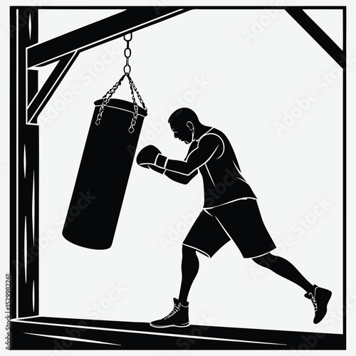A boxer training with a punching bag in a dark gym  silhouette design vector art and illustration