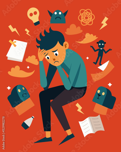 The persons body is numb from the overwhelming flood of lies their mind struggling to hold onto the truth in the midst of the chaos.. Vector illustration