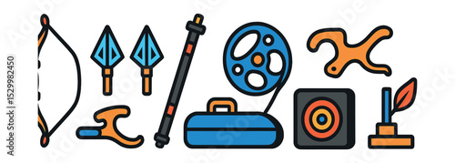 Flat vector icons of archery hunting equipment: recurve bow icon, broadhead arrow tips, stabilizer rod, cam mechanism icon, string release trigger, bow case, practice target block, fletching tool.